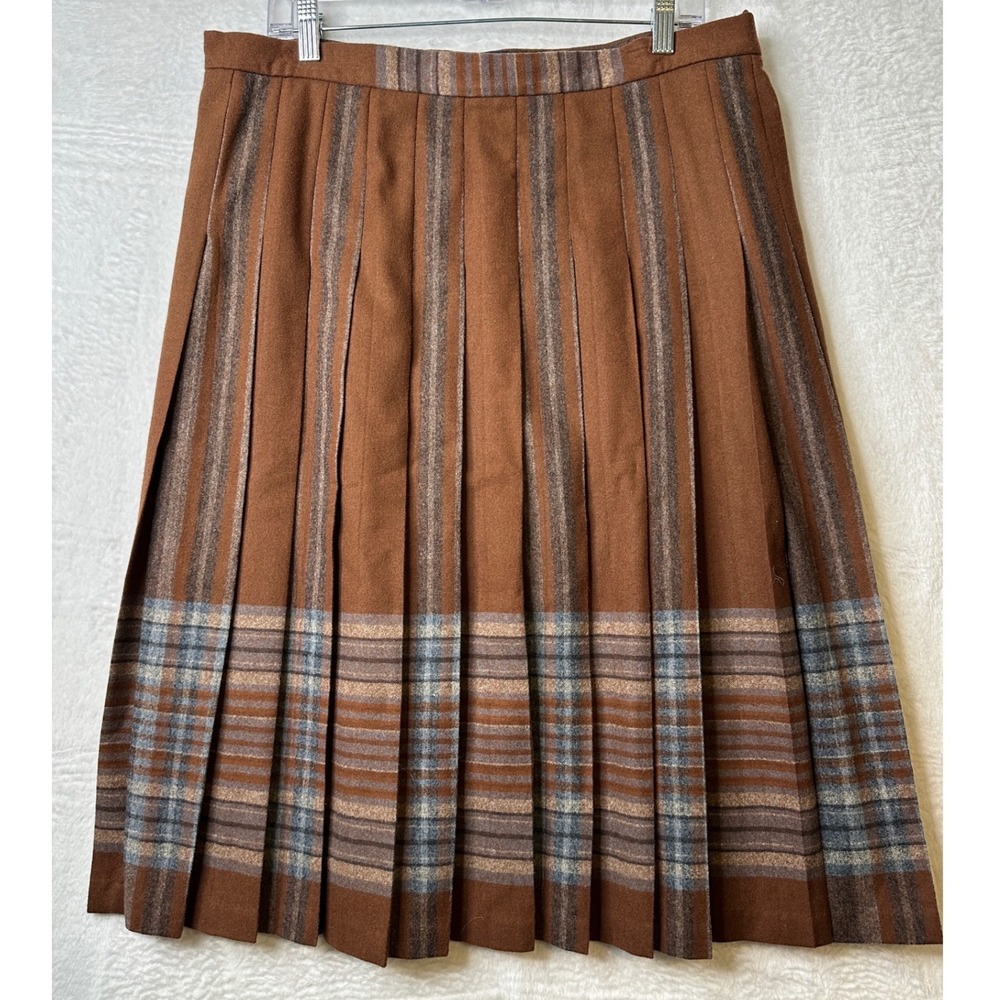 Pendleton Vintage Brown Plaid Wool Pleated Skirt Made in USA Size 14 0652